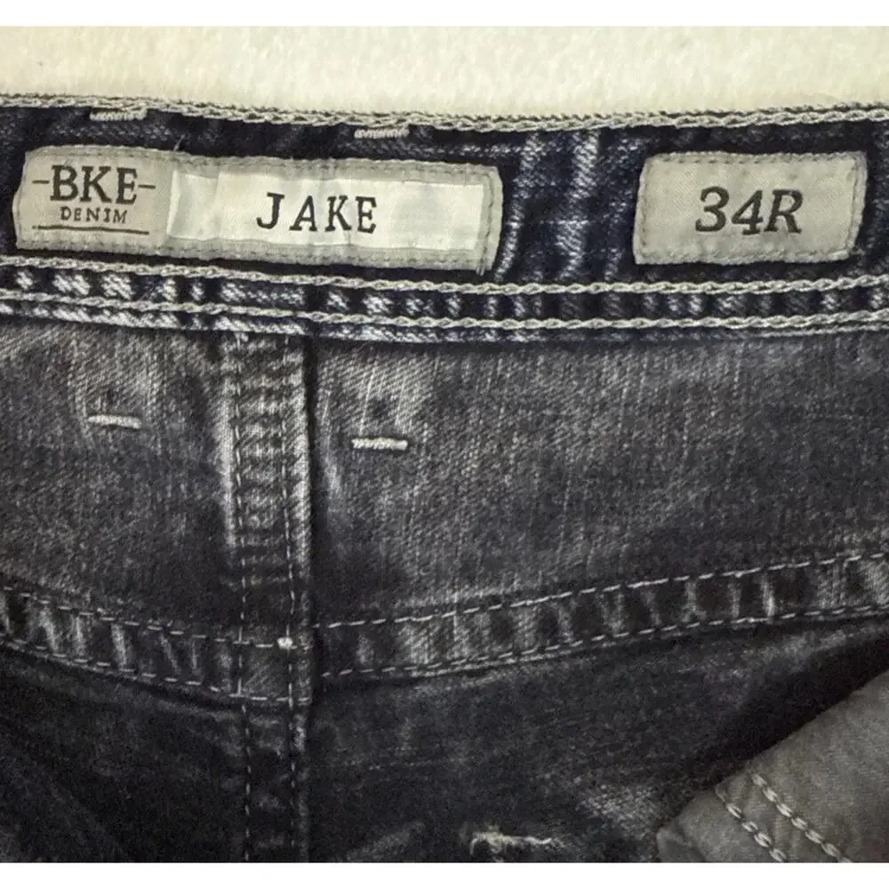 BKE Jake Jeans Mens 34R Blue Straight Leg Stretch Distressed Denim